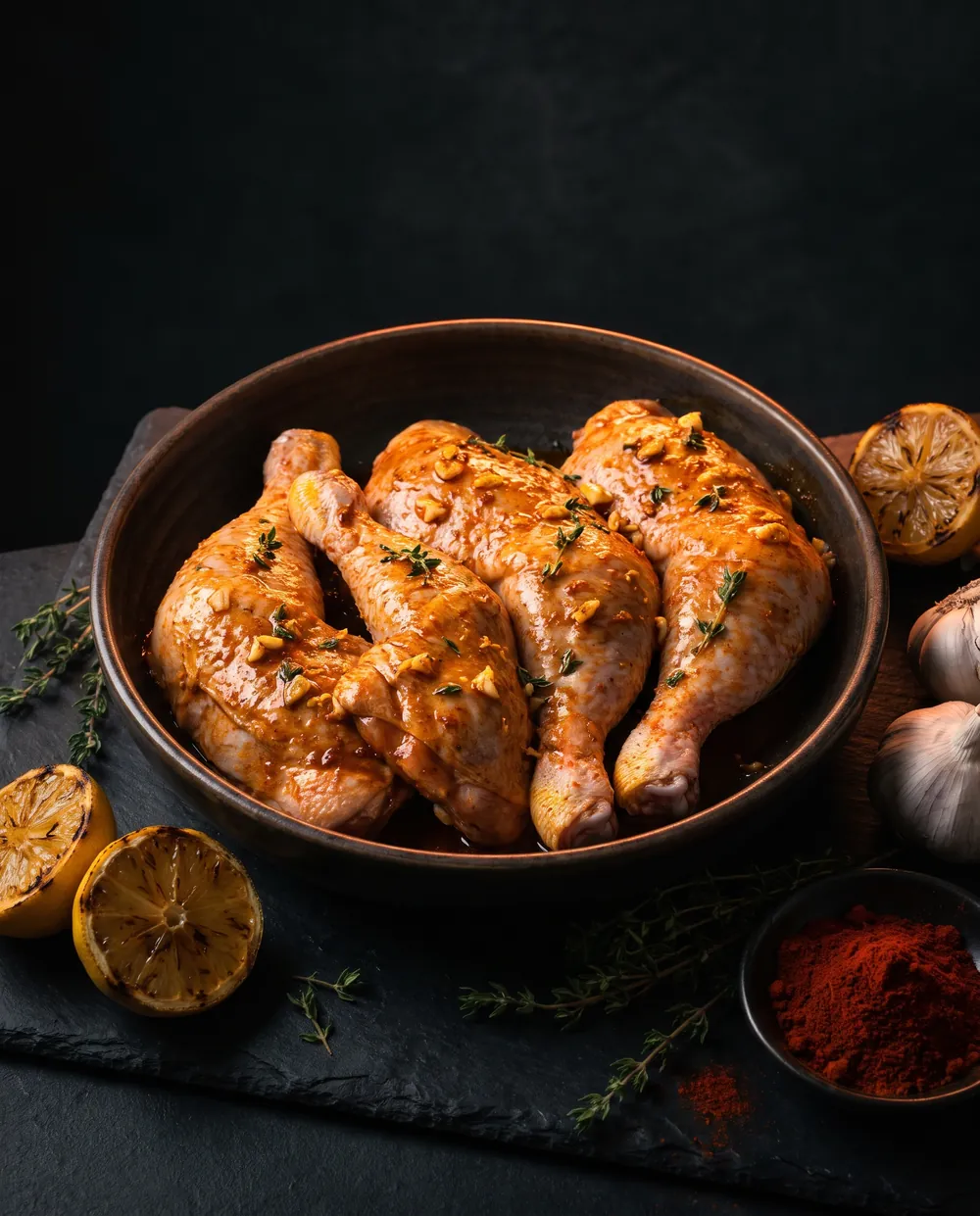 Des cuisses de poulet crues dans une marinade orange au paprika fumé, à l’ail, au citron et au thym