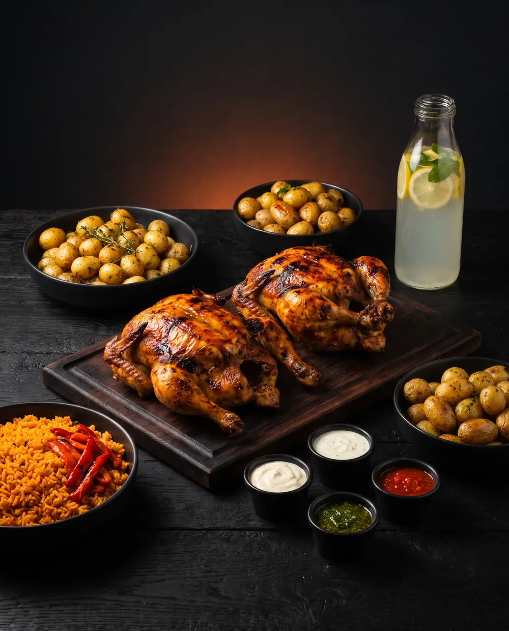 Deux poulets rôtis découpés sur une planche, entourés de grenailles, de riz épicé, de sauces maison et d’une bouteille de citronnade